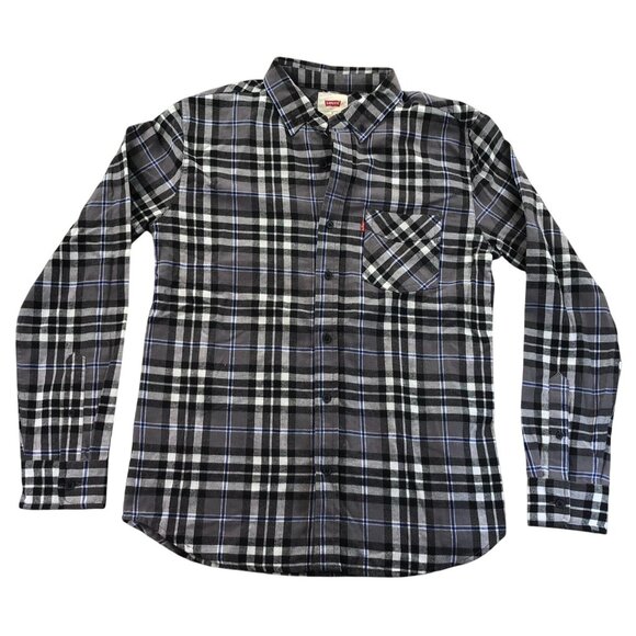 Levis Mens Shirt Small Long Sleeve Plaid Gray Button Down Top Classic Travel - Picture 1 of 13
